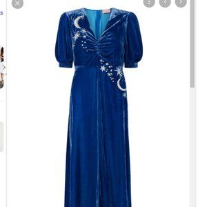 Looking for (ISO) Kitri Studio Sylvia Blue Embroidered Velvet Midi Dress